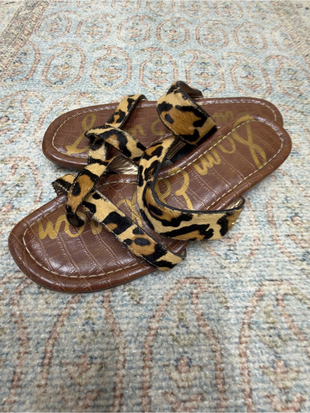 Sam Edelman Leopard-Print calf Hair Leather Strappy Slide Sandals size 6